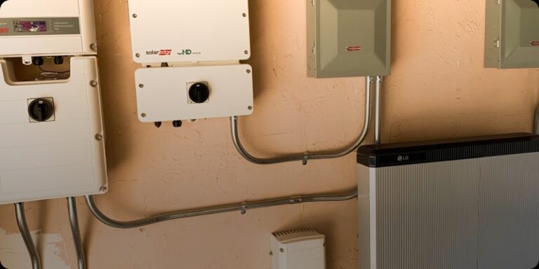 Electrical panel mounted on the wall, showcasing several devices for managing electrical systems and connections installed by Cyberdyne Solar.